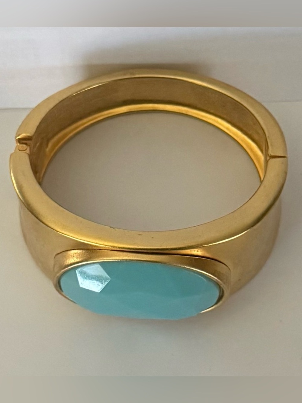 Gold Tone Wide Hinged Closed Cuff Bracelet with Turquoise Stone